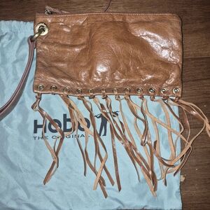 HOBO Tan Leather Fringe Wristlet Clutch